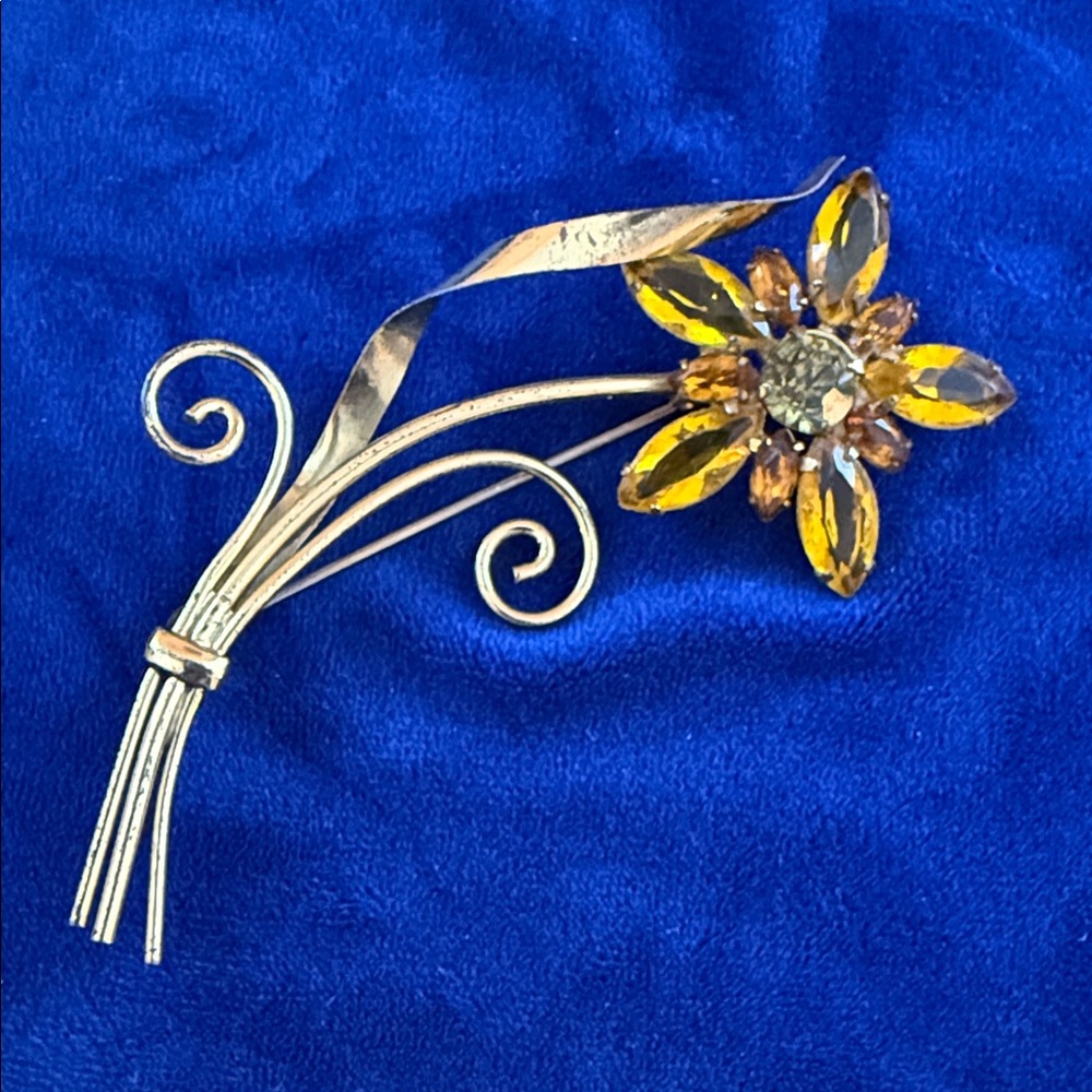 Sterling Gold Plated Amber Coro Crystal Flower Brooch - Women's Jewelry